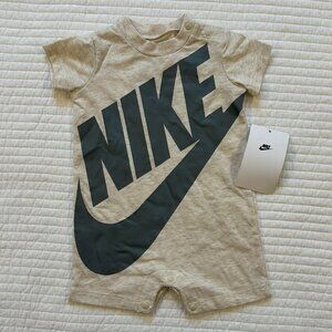 Nike Baby Romper 3M Ivory Heather Big Gray Logo Swoosh Short Sleeve NWT